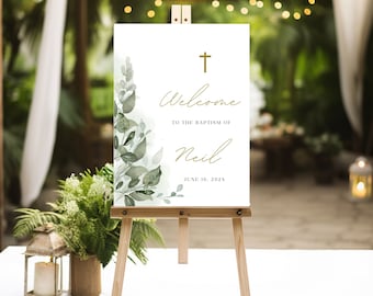Baptism Welcome Sign For Boy or Girl, Green Eucalyptus Christening Welcome Sign Template With Gold Cross, Digital Canva Download Neil