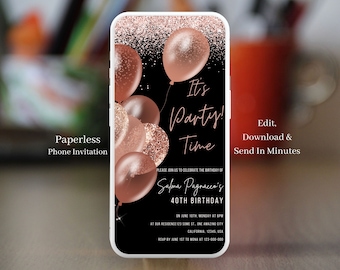 Electronic Black & Rose Gold Birthday Invitation Template for Women, Adult Birthday Party Invitation,Text Message invites, Evite Sal 41