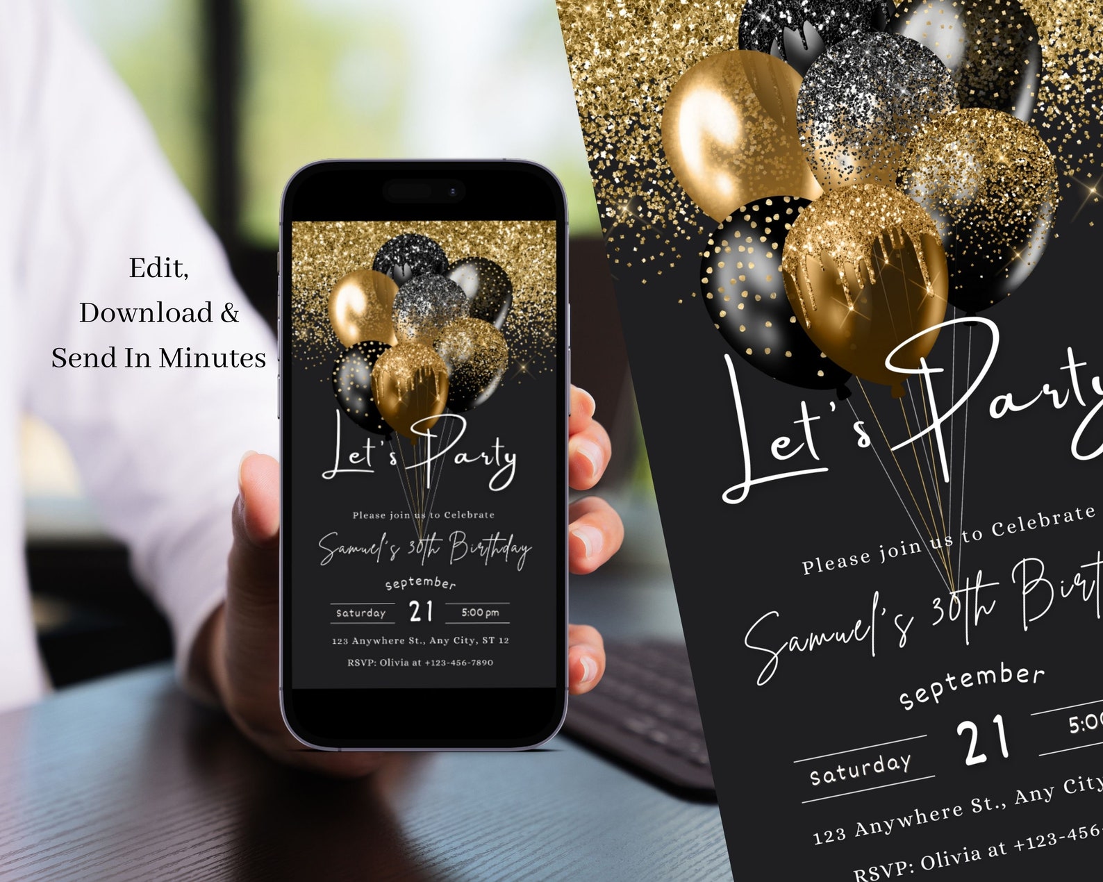 Digital Birthday Party Invitation for Men, Black & Gold, Adult Birthday ...