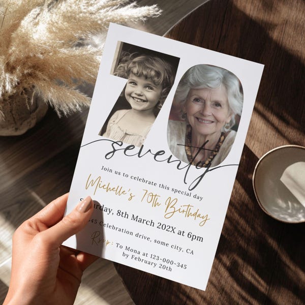 70th Birthday Invite With Photo, Digital Download, 70th Birthday Invitation Template Men or Women Look Who's 70 Editable Printable Card 193