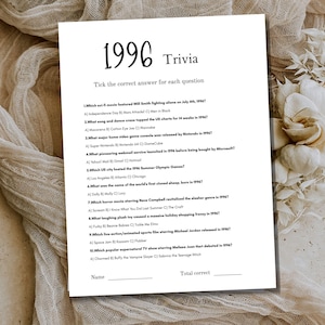 May include: A white trivia game sheet with the year 1996 at the top. The sheet includes trivia questions about movies, music, video games, and other events from 1996. The sheet is on a beige background.