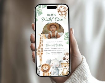 Safari Birthday Evite with Photo | Wild One Electronic Invitation | Jungle 1st Birthday Digital Invite | Editable Canva Template #81