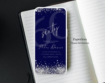 Navy Blue 60th Birthday Invitation, Silver Glitter, Editable Text (Canva Template) -133