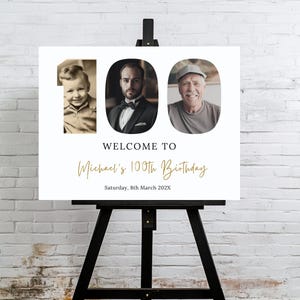100th Birthday Sign Photo Welcome Sign For Men or Women Digital Download Party Banner For Him Editable & Printable Poster Canva Template 133