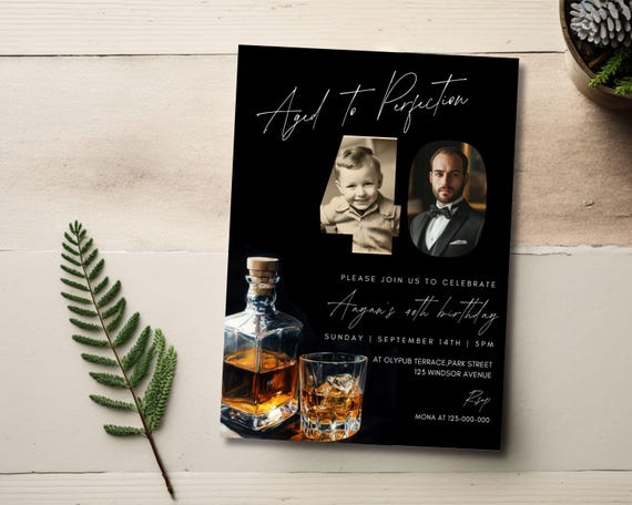Aged To Perfection 40th Birthday Invite With Photo, Digital Download, Whiskey Theme 40th Invitation For Men Editable Printable Card 206