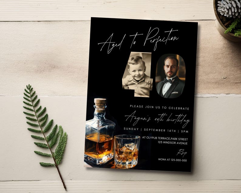 May include: Black and white birthday invitation with a photo of a man and a younger version of himself. The invitation says "Aged to Perfection" and "Angan's 40th birthday".
