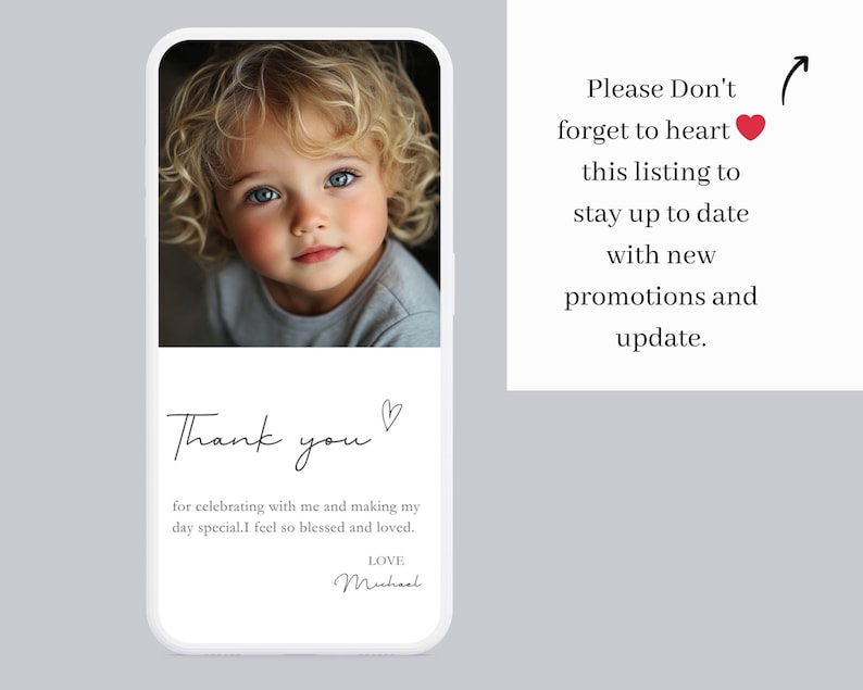 May include: A white phone case with a photo of a child with curly blonde hair and blue eyes. The case has the words "Thank you" and a message of gratitude. The text also includes "Please Don't forget to heart this listing to stay up to date with new promotions and update."