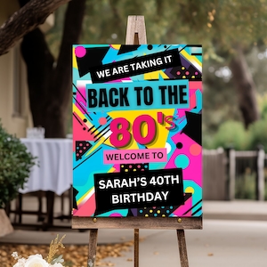 Signo de bienvenida de fiesta de los años 80 editable, Regreso a los años 80, Fiesta de retroceso, Signo de fiesta de cumpleaños, Celebración temática de los años 80, Canva imprimible 02