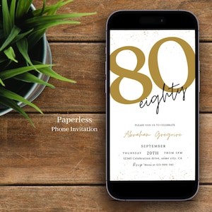 Invitación electrónica del 80 cumpleaños para hombres digital, blanco y dorado, tarjeta de invitación a la fiesta de cumpleaños del abuelo, invitación de texto editable 117