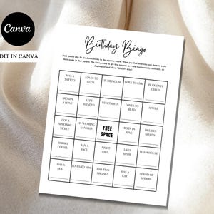 May include: A white printable "Birthday Bingo" game sheet with black text. The game sheet includes a title and instructions, with squares containing prompts like "Has a tattoo" and "Loves to cook". The Canva logo is in the top left corner.