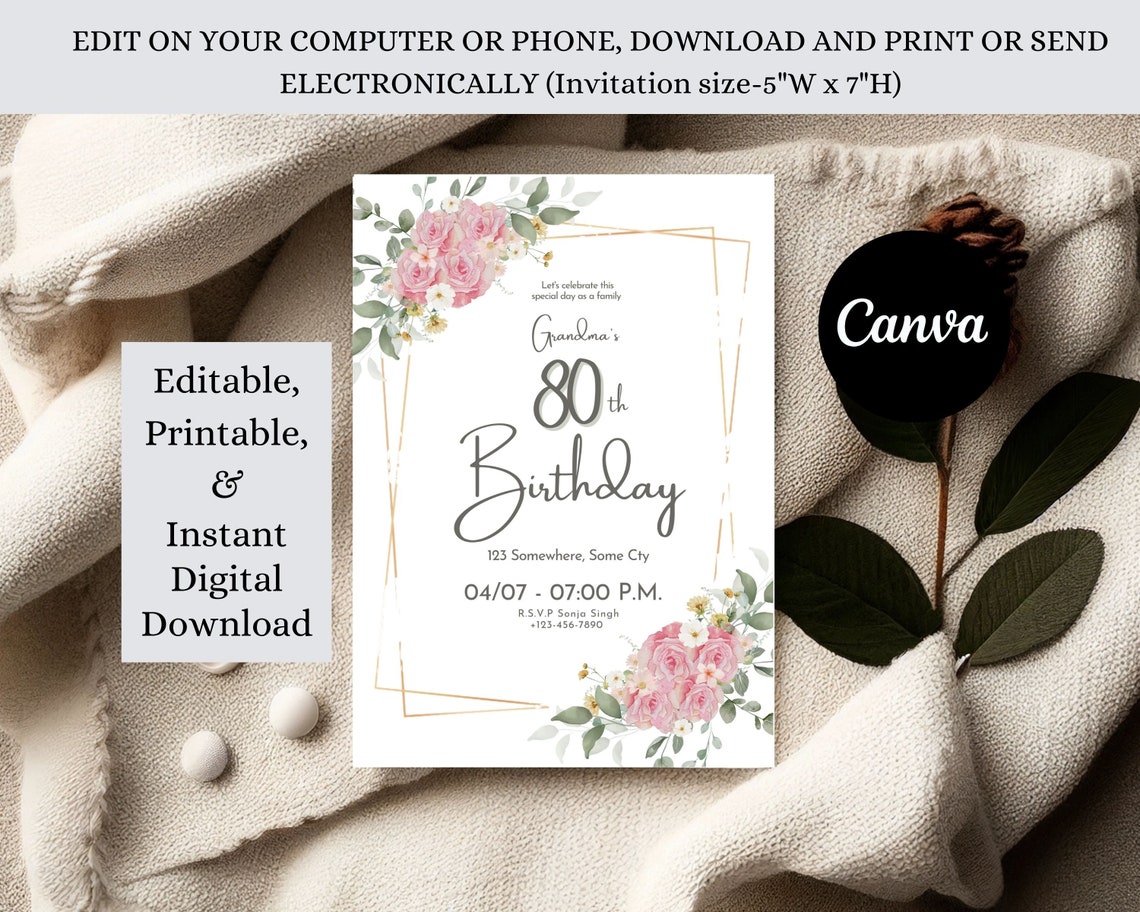 Pink Roses 80th Birthday Invitation Template (digital) - Etsy