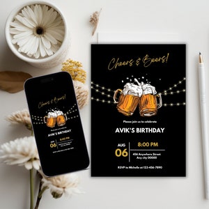 男性向け大人の誕生日招待状、乾杯とビールの誕生日招待状、30、40、50、60、70歳の誕生日招待状21のビールテーマの招待状