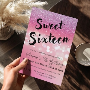 Sweet 16 Geburtstagseinladung Pink, Sweet Sixteen einladen, bearbeitbar 16. Geburtstag Mädchen Einladungskarte, digitaler Download, Canva Vorlage 71