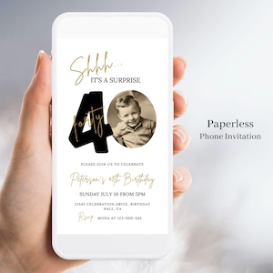 May include: A black and gold birthday party invitation on a smartphone screen. The invitation says "Shhh... It's a surprise" and features a photo of a young boy. The text also includes the date, time, and location of the party.