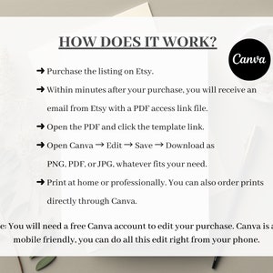 May include: White graphic with the text "HOW DOES IT WORK?" and instructions for using a Canva template purchased on Etsy. The steps include downloading a PDF, opening Canva, editing, and printing. A Canva logo is also present.