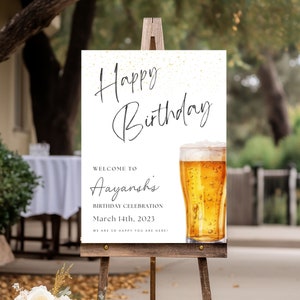 Happy Birthday Welcome Sign, Editable Cheers & Beers Birthday Party Poster,Printable Beer Party Decor For Adult Canva Template, 07