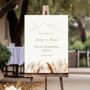 Plantilla de letrero de bienvenida para inauguración de la casa, póster de fiesta de inauguración de la casa personalizado, editable e imprimible, letrero de jardín Canva con decoraciones sencillas para inauguración de la casa 09