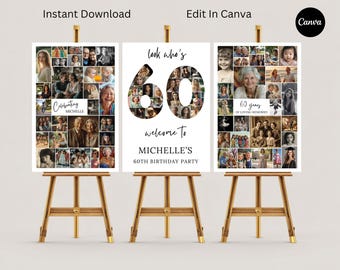 60th Birthday Welcome Sign, Photo Collage, Canva Template (Digital Download) - 144