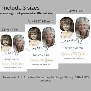 May include: A white welcome sign with a gold 90 and the word "ninety" in black script. The sign includes a welcome message for a 90th birthday party, with the name "Michelle's" and the date "Saturday, 8th March 202X". The sign is available in three sizes: 18 inches by 24 inches, A1 (594 mm by 841 mm), and 24 inches by 36 inches.