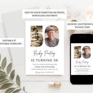 May include: A white invitation template with the text "Ricky Ponting IS TURNING 50" and two photos. The invitation includes details for a celebration on Sunday, July 10th. The template is editable and printable.