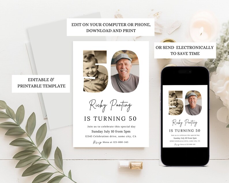 May include: A white invitation template with the text "Ricky Ponting IS TURNING 50" and two photos. The invitation includes details for a celebration on Sunday, July 10th. The template is editable and printable.
