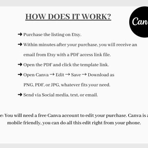 May include: A white graphic with the text "HOW DOES IT WORK?" and instructions for using a Canva template purchased on Etsy. The Canva logo is in a black circle. The instructions include steps for downloading and sharing the template.