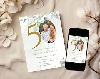 50th Wedding Anniversary Invitation, Greenery & Gold Photo 50th Anniversary Invite Editable Template, Digital Download, Printable or Text 01