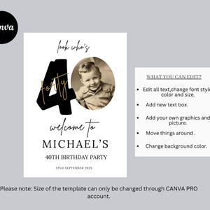 May include: A black and gold 40th birthday party invitation with a photo of a person. The text reads "look who's forty" and "welcome to Michael's 40th birthday party".