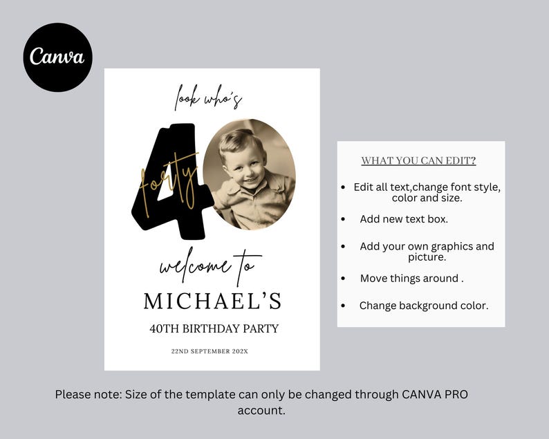 May include: A black and gold 40th birthday party invitation with a photo of a person. The text reads "look who's forty" and "welcome to Michael's 40th birthday party".