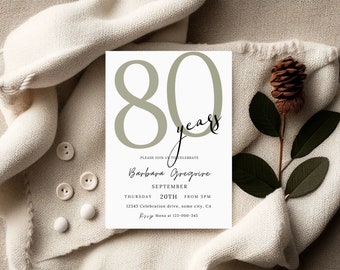 May include: A white invitation card with a green number 80 and the text "years" in black cursive. The text "Please join us to celebrate Barbara Gregoire" is in black cursive. The date and time of the event are listed below: "Thursday, September 20th from 5pm". The address is listed below: "12345 Celebration drive, some city, CA". The RSVP information is listed below: "RSVP Mona at 123-000-345".