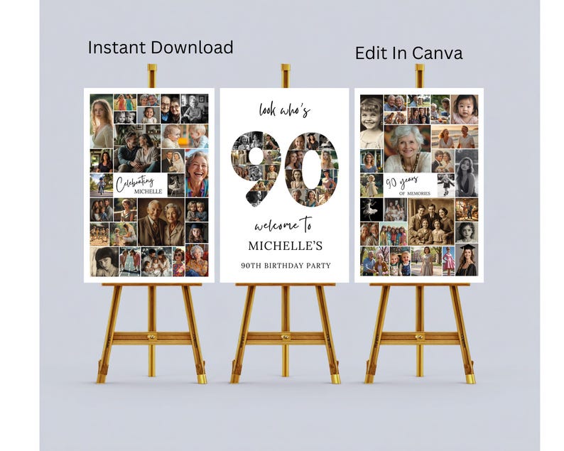 90th Birthday Photo Collage Welcome Sign | Canva Template (digital ...