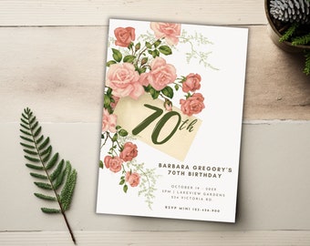 70th Birthday Invitation For Women Digital, Printable 70th Birthday Invite,Roses & Greens Mom's 70th birthday Party Invitation Card, Barb 70