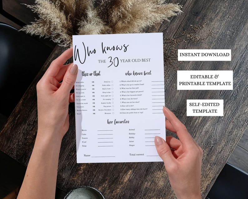 Puede incluir: Una hoja de juego imprimible blanca con el texto "Who knows the 30 year old best". La hoja incluye secciones para rellenar para las preguntas "this or that" y "who knows best". La hoja tambi&eacute;n tiene el texto "Instant Download", "Editable & Printable Template" y "Self-edited Template".