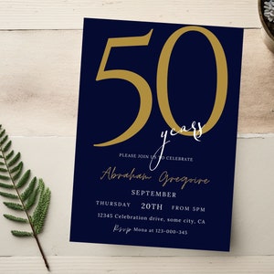 50. Geburtstagseinladung, Navy Blue & Gold Geburtstagseinladungsvorlage für Mann, bearbeitbare Geburtstagskarte, druckbare 50. Geburtstagseinladung, 84