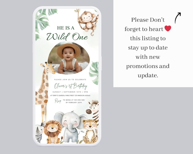 Op de afbeelding: Een digitale uitnodiging voor een eerste verjaardag, met een baby met een strohoed. Het ontwerp bevat aquarel illustraties van jungledieren zoals een giraffe, leeuw, olifant en zebra, met de tekst "He is a Wild One."