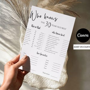 Puede incluir: Una hoja de juego imprimible en blanco y negro con el texto "Who knows the 30 year old best". La hoja incluye secciones para rellenar para "this or that" y "her favorites". El logotipo de Canva es visible.