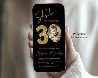 Plantilla de invitación sorpresa para 30 cumpleaños en negro y dorado (descarga digital) - 216