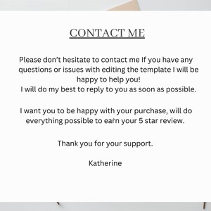 May include: A white card with the text "CONTACT ME" at the top, followed by a message encouraging contact for template editing assistance. The message ends with a thank you and the name "Katherine".