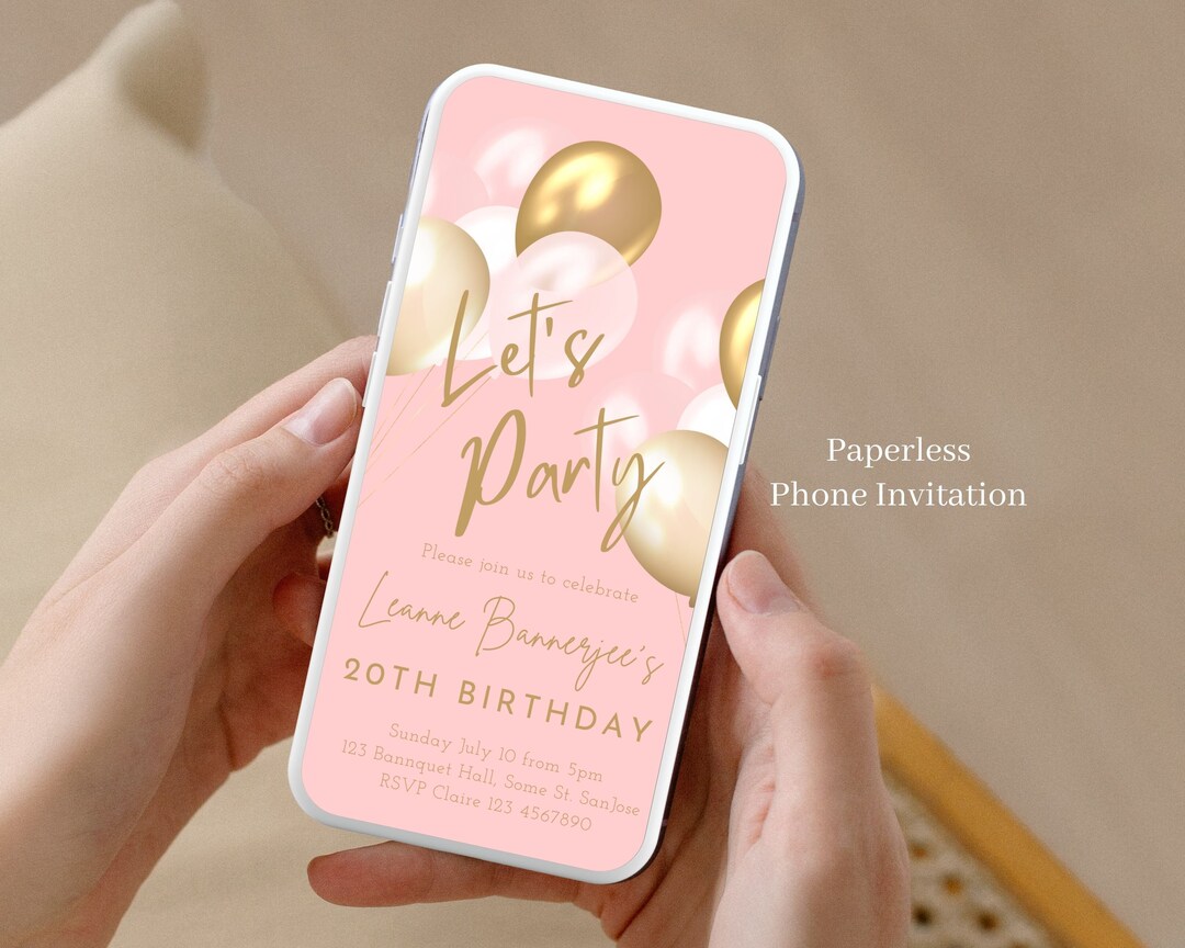 Electronic Birthday Invitation for Women, Girls or Kids Template, Blush and Gold Balloon Digital