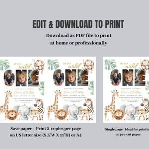May include: A printable invitation design for a first birthday party. The design features the text "He is a wild ONE" with a photo of a baby. The invitation includes illustrations of jungle animals like giraffes, elephants, and lions.