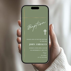 Electronic Baptism Invitation Template For Boy, Sage Green and Gold Cross Christening invite, Editable Phone Invitation, Instant Download 36