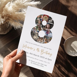 8. Geburtstagseinladung Junge oder Mädchen, Fotocollage 8 Jahre alt einladen, digitaler Download, Kindergeburtstag-Party Einladungen, printable oder Text 6