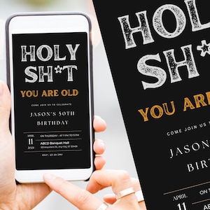 Funny Adult Birthday Invitation For Men, HOLY SH*T 40th, 50th, 60th Birthday Invite, Instant Download Template, Surprise party, Canva 009