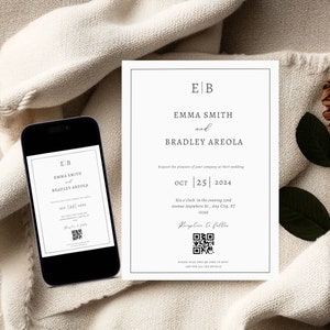 Wedding Invitation With QR code RSVP, Minimal Wedding Invitation Digital File Download, Elegant Wedding Invitation Template Canva, Emma 007