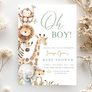 Puede incluir: Una invitaci&oacute;n a un baby shower con un fondo blanco y una ilustraci&oacute;n en acuarela de animales de la jungla, incluyendo un mono, un le&oacute;n, una cebra, una jirafa, un elefante y un leopardo. El texto dice "Oh BOY!" e invita a los invitados.