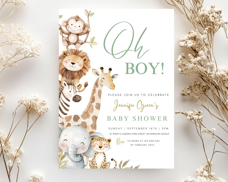 Puede incluir: Una invitaci&oacute;n a un baby shower con un fondo blanco y una ilustraci&oacute;n en acuarela de animales de la jungla, incluyendo un mono, un le&oacute;n, una cebra, una jirafa, un elefante y un leopardo. El texto dice "Oh BOY!" e invita a los invitados.