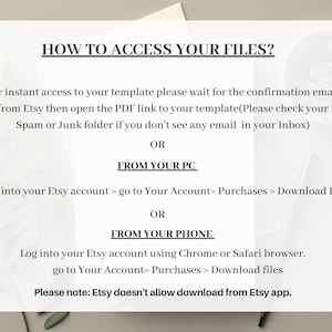 Op de afbeelding: Instructies over hoe je toegang krijgt tot digitale bestanden die je hebt gekocht op Etsy. De tekst legt uit hoe je toegang krijgt tot bestanden vanaf een computer of telefoon. Het merkt ook op dat Etsy geen downloads toestaat vanaf de Etsy-app.