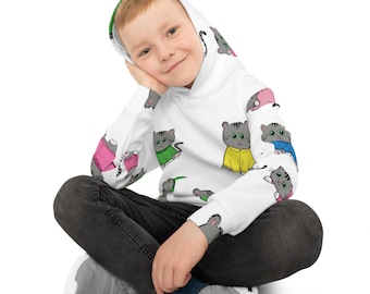 Kawaii Grey Cats Pattern Children's Hoodie | Cute Cat Illustration All-Over Print