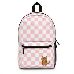 Backpack, Cute Kawaii Orange Cat Pink and White Checkered Pattern, School Bag, Travel Backpack, Cat Lover Gift, Back to School