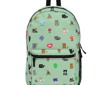 Mochila con estampado floral de gato – Mochila escolar/de viaje con estampado animal kawaii